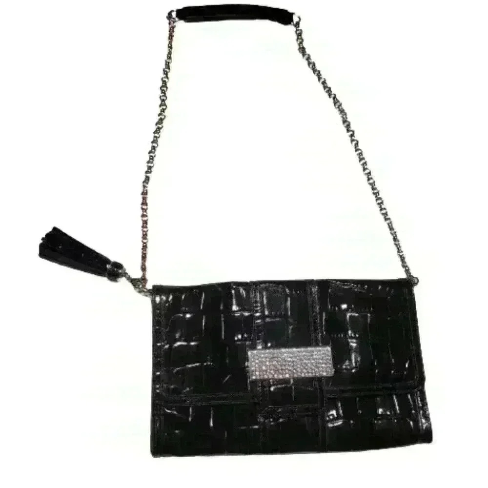 Black Leather Kelly Rutherford Bag with Crystal Detail